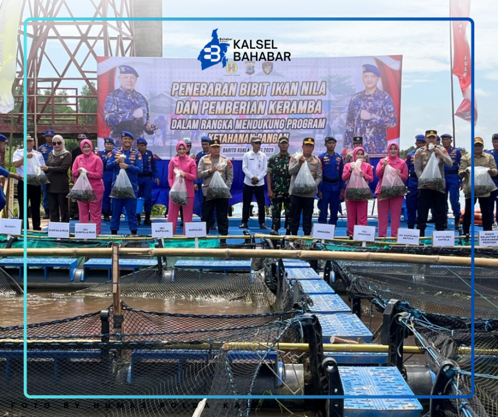Gerakan Nyata Polri: Dukung Ketahanan Pangan, Polda Kalsel Tebar 170.000 Bibit Ikan Nila di Desa Bagus Batola